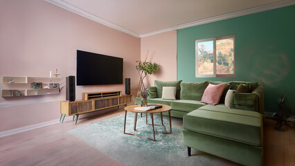 Fototapeta premium living room design with orange green sofa and pastel walls