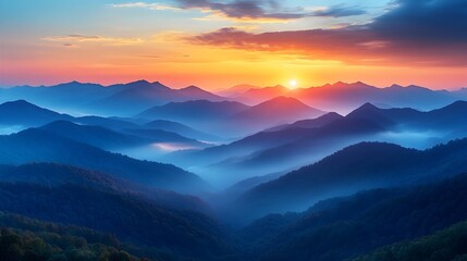 Breathtaking Sunrise Casts Golden Light Over Misty Mountain Peaks
