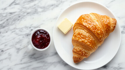 Classic French breakfast with a croissant cafe au lait butter and a small pot of strawberry jam on a marble table 