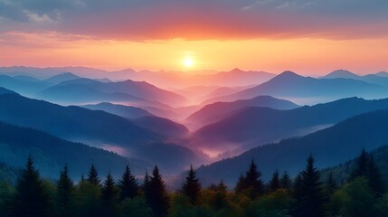 Fototapeta premium Captivating Misty Mountain Sunrise A Breathtaking Landscape of Ethereal Beauty