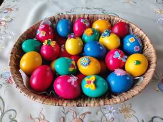 colorful Easter decoration made of eggs in the basket