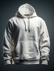 A plain white hoodie on a dark background, showcasing casual wear.
