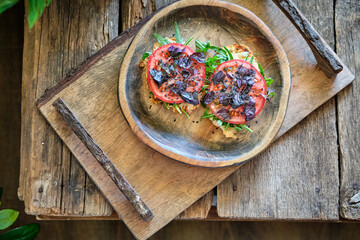 French toast with tomato, purple basil, arugula and black sesame