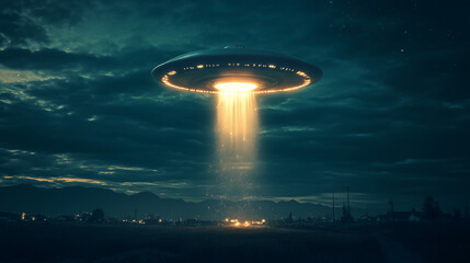 Na tle mrocznego, gwiaździstego nieba, w powietrzu unosi się rozświetlony UFO, które emituje intensywne światło w odcieniach zieleni i fioletu.