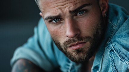 Fototapeta premium Close up portrait of a man with tattoos intense stare and wearing a distressed denim jacket grunge aesthetic 
