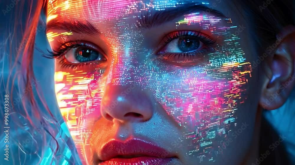 Aufkleber The young woman showcases striking features illuminated by colorful digital patterns on her face, creating a captivating artistic effect in a studio setting.