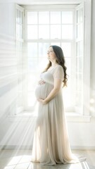 Naklejka premium Pregnant woman in a flowing dress standing by a window with warm sunlight