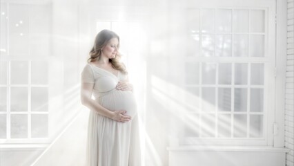 Naklejka premium Pregnant woman in a flowing dress standing by a window with warm sunlight