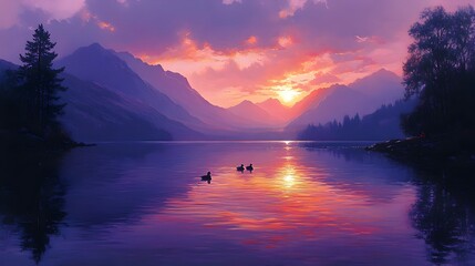 Tranquil Lake Reflecting Majestic Mountains at Vibrant Sunset