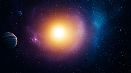 Fototapeta premium Cosmic vortex of stars and planets on a gradient from deep purple to sunrise orange 