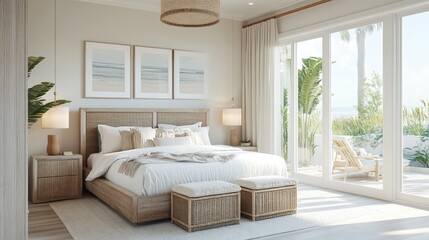 Fototapeta premium A contemporary beach house bedroom, with light colors, natural materials, and ocean-themed decor, creating a relaxed coastal vibe