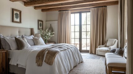 Fototapeta premium A contemporary farmhouse bedroom, with rustic wood furniture, soft textiles, and neutral colors, blending modern design with country charm