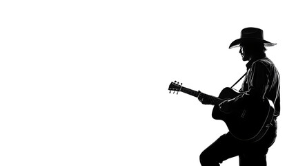 Fototapeta premium Silhouetted Musician Strumming Guitar in Cowboy Hat on White