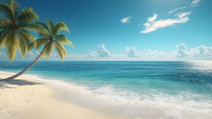 Fototapeta premium Tranquil Tropical Beach with Swaying Palm Trees and Turquoise Waters
