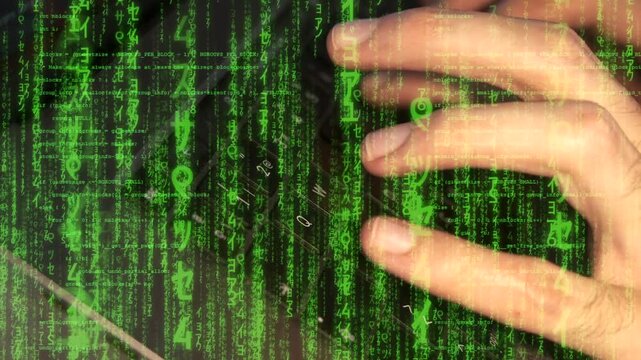 Hands typing with green Matrix-style code overlay. Cyber coding and hacker concept.