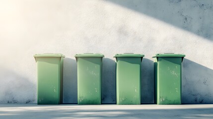 Neat and Tidy Green Recycling Bins Lined Up Against a Clean White Wall With Directional Sunlight