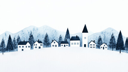 Delicate watercolor depiction of a snow covered village in shades of soft grey white and light blue 