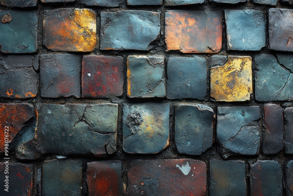 Poster Close-up of a weathered cobblestone path, featuring a blend of grey, red, and yellow tones, showcasing the natural wear and tear of time.