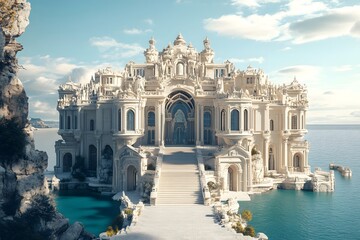 Naklejka premium Stunning majestic palace by the sea, white intricate details.