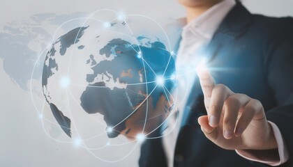 Businessman interacting with a digital globe interface.