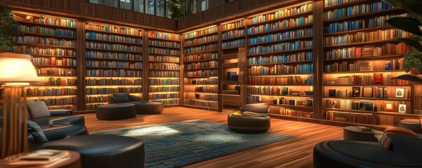 A home library with digital indexing and voice-activated book retrieval, plus seating areas with personalized lighting and sound isolation for undisturbed reading