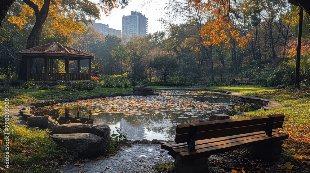 Sticker A peaceful park scene with a pond, wooden gazebo, bench, and fallen leaves in autumn, with city buildings in the background.