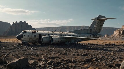 An old, worn plane is sitting in the middle of a vast rocky desert
