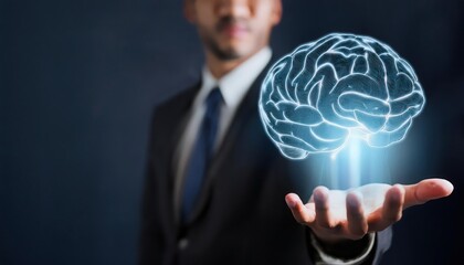 Businessman holding a glowing brain symbol in his hand.