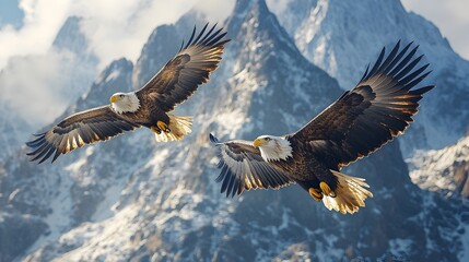 Majestic Eagles Soaring Over Rugged Mountain Landscape