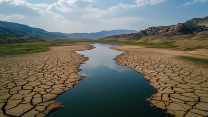 Drought stricken regions with dried up riverbeds and lakes from orbit parched earth and cracked terrain visible 