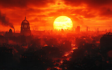 Obraz premium Twilight of Ruin: Eerie Sunset Over Apocalyptic Cityscape