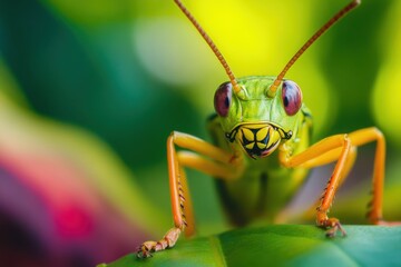 Fototapeta premium Close up of a vibrant green grasshopper perched on a leaf during a sunny day in a tropical garden