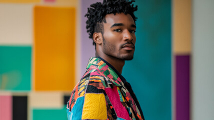 Eclectic man in a colorful patchwork coat standing against a backdrop of abstract art looking thoughtfully to the side 