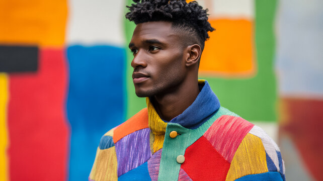 Eclectic man in a colorful patchwork coat standing against a backdrop of abstract art looking thoughtfully to the side 