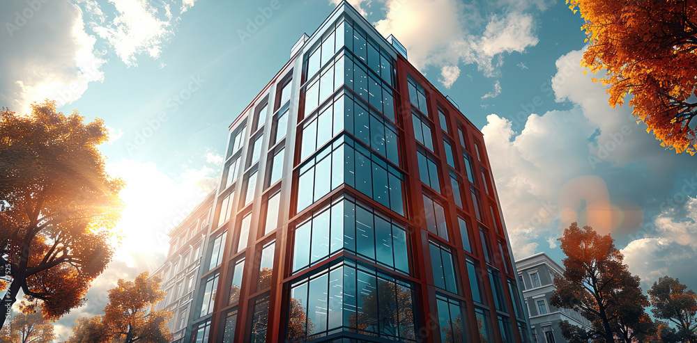 Poster front view of a high modern business building. generative ai.