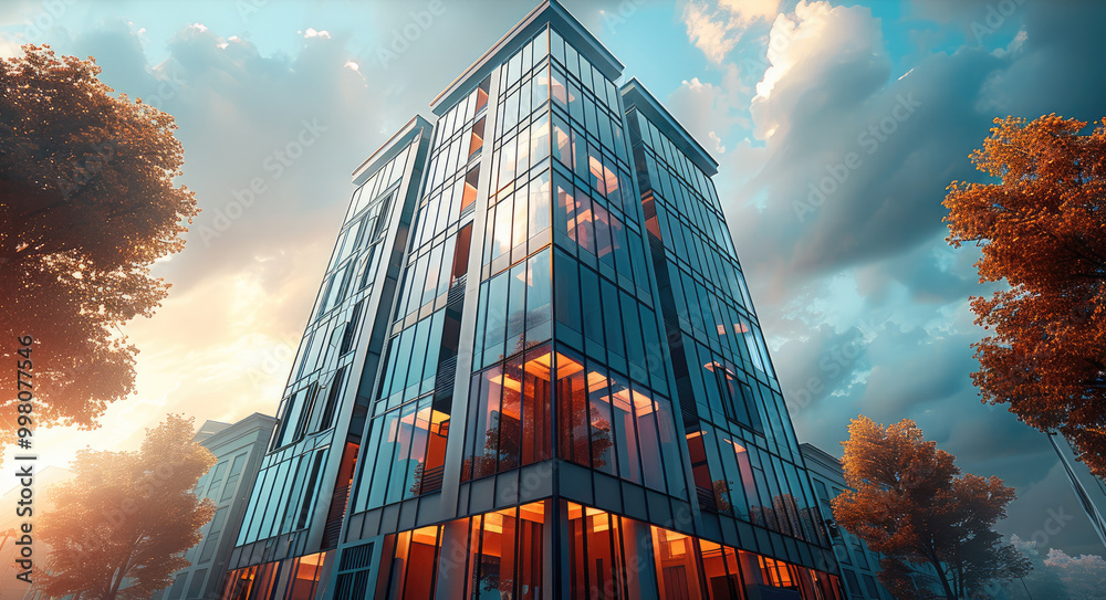 Poster Front view of a high modern business building. Generative AI.