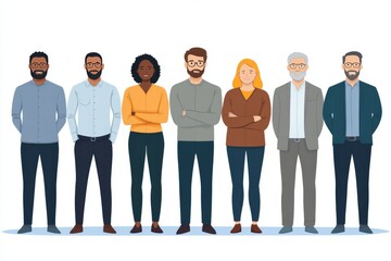 Obraz premium Group of people in casual and professional attire standing side by side symbolizing collaboration modern identity and diversity in a clean neutral themed setting with soft lighting