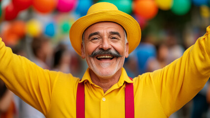 Elderly man with a thick mustache and suspenders dancing joyfully at a lively street festival colorful background 