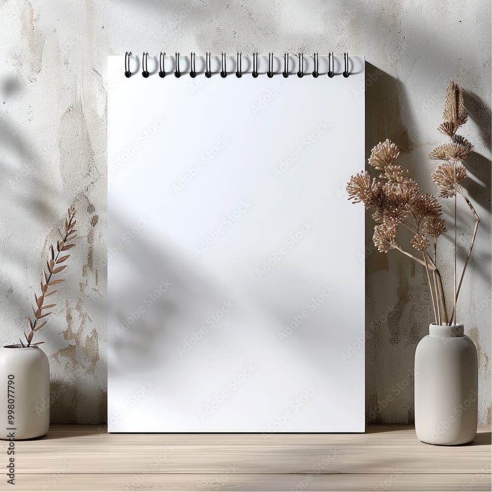 Poster A4-sized drawing pad with spiral binding at the top, without print and without motif, hangs on a modern room. Generative AI.