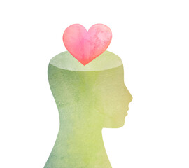 mental health and love feeling Concept. Silhouette of head in profile and heart. Caring for mental health. Psychology and psychotherapy, good thoughts