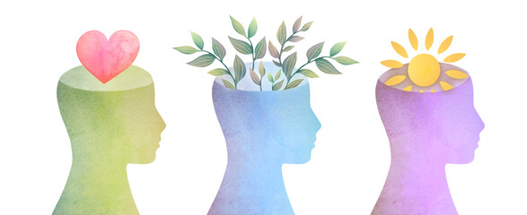 mental health set, Take care of your body and mind concept banner. Psychological help and support poster. Mental wellness, happiness, peace and tranquility