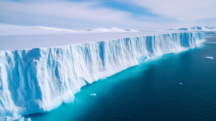Expansive ice shelf collapsing into the ocean from space cracked icebergs breaking off into turquoise waters 