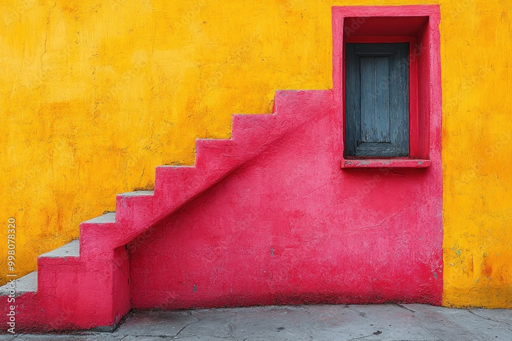 Wall mural A set of concrete stairs leading up to a doorway framed by a pink wall against a yellow wall.