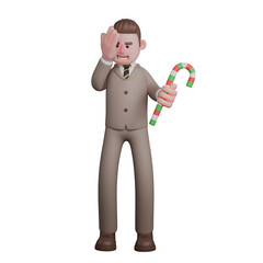 Male Lawyer in Court Setting. A male lawyer is seen standing with his left hand holding a clown stick while his hands are raised in front of his face. 3D Character