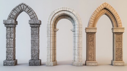 Collection of different traditional stone-arched frames sculpted in 3D