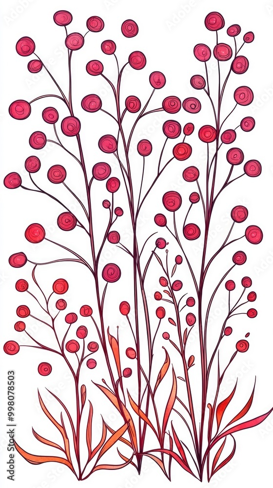 Canvas Prints Abstract Floral Illustration with Pink Berries and Orange Leaves