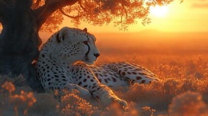 3D Style Cheetah Resting Under a Tree with a Gradient Background for Wildlife and Nature Themes