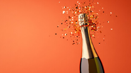 Futuristic champagne bottle exploding into pixelated confetti on a gradient from coral to gold 
