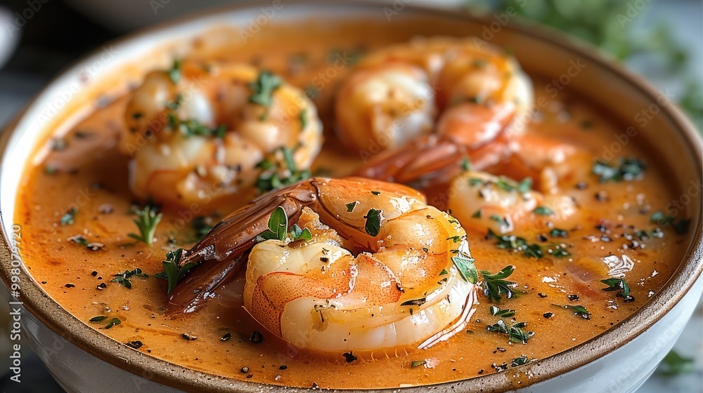 Wall mural a bowl of rich and creamy tomato soup with shrimp, adorned with fresh herbs for color contrast and a