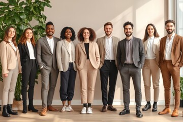 Fototapeta premium Group of professional men and women standing together in business attire symbolizing teamwork leadership and modern corporate culture in a clean professional setting